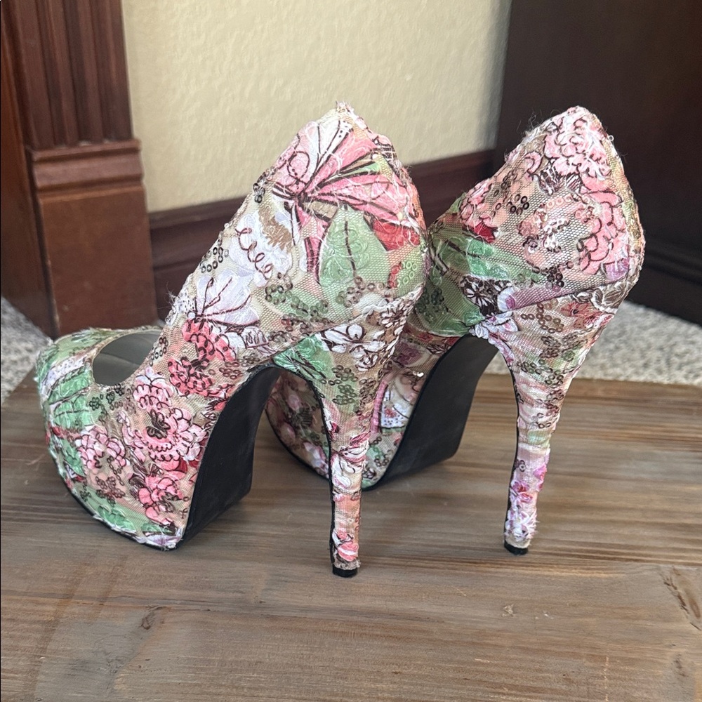 Bordello Floral Platform Stilettos in Pink & Green - Picture 5 of 10